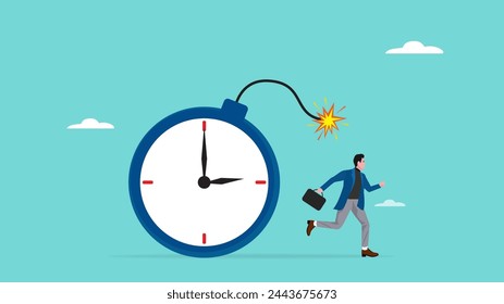 project deadline, time management, Fearful businessman running away from detonated time countdown bomb about to explode concept vector illustration