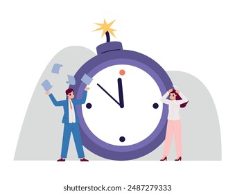 Fecha límite del proyecto. Gestión del tiempo, dos gerentes de oficina o empresarios temerosos de los plazos. Concepto de trabajo de dibujos animados, escenario de Vector con bomba