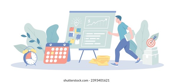 Plazo del proyecto, Administración del tiempo de trabajo. Empleado estresado, temporizador de cuenta regresiva. Ilustración vectorial con situación de carácter para web.	
