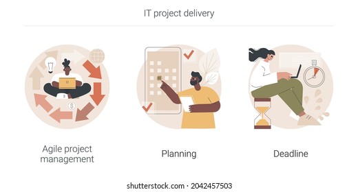 IT project delivery abstract concept vector illustration set. Agile project management, planning and deadline, software development, scrum workflow, problem solving, work time abstract metaphor.