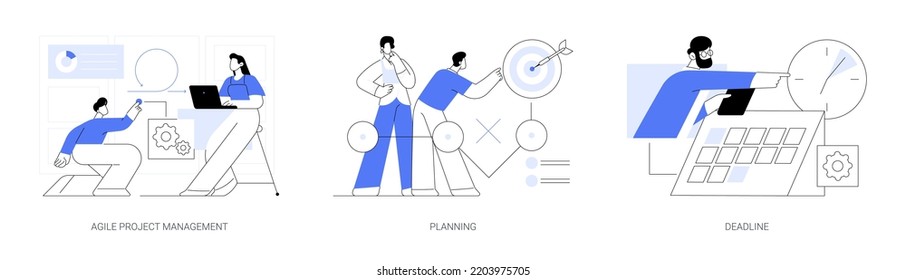 IT project delivery abstract concept vector illustration set. Agile project management, planning and deadline, software development, scrum workflow, problem solving, work time abstract metaphor.