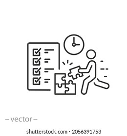 project delivery icon, efficiency period, assurance waiting quality, engineer service, exam registration, time management concept, thin line symbol on white background - editable stroke vector