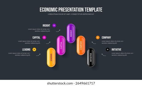 Project Development 5 Element Diagram Presentation Layout. Business Forecast Five Option Infographic Slideshow Design. Creative Review Slide Template Vector Illustration.