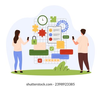 Project development, brainstorming process vector illustration. Cartoon tiny people organize data of memo notes and checklist survey on clipboard, puzzles and gears on board to plan business teamwork