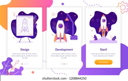 Project development. Building rocket from design to launch. Onboarding screens template. Mobile app design. Business concept. Flat vector illustration.
