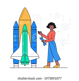 Project development - colorful flat design style illustration with line elements. Startup, new business concept. A composition with a female manager fixing a rocket, space shuttle. Images of tools