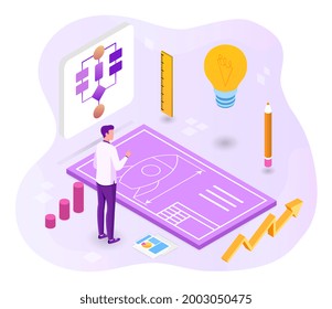 Project development concept. A man develops a rocket project with a pencil and a ruler. Luminous light bulb, drawing and diagram. Isometric cartoon vector illustration