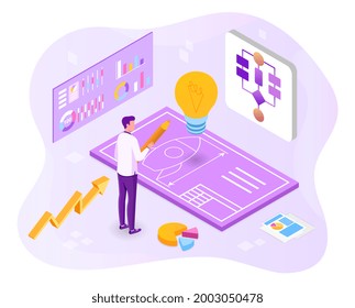 Project development concept. A man develops a rocket project with a pencil and a ruler. Luminous light bulb, drawing and diagram. Isometric cartoon vector illustration