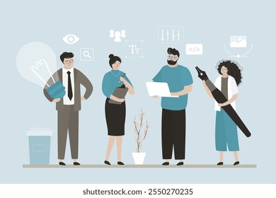 Project development engineer team, developers. Code development, group of programmers and designers. Developers team with tools. Software engineering composition in flat style. vector illustration