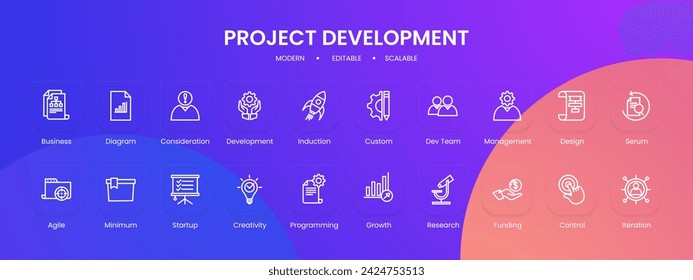 Project development icon collection with black outline style. project, development, business, management, web, technology, process. Vector Illustration