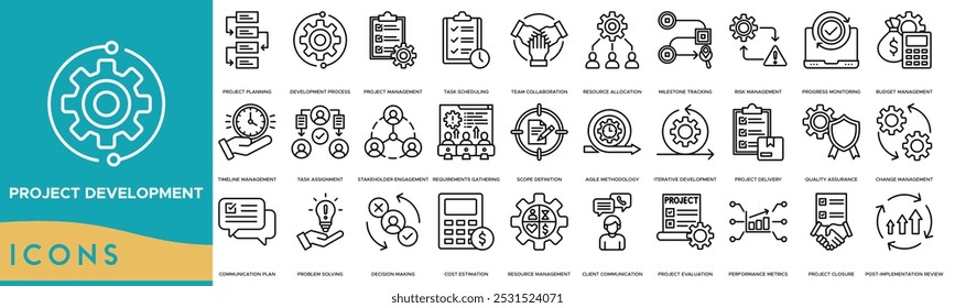 Ícone Desenvolvimento do projeto. Planejamento de Projeto, Processo de Desenvolvimento, Gerenciamento de Projeto, Agendamento de Tarefas e Colaboração em Equipe