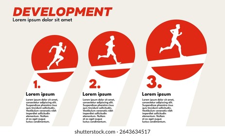 Project Development – Infographic Template, Three-Step Process with Running Men – Vector Illustration