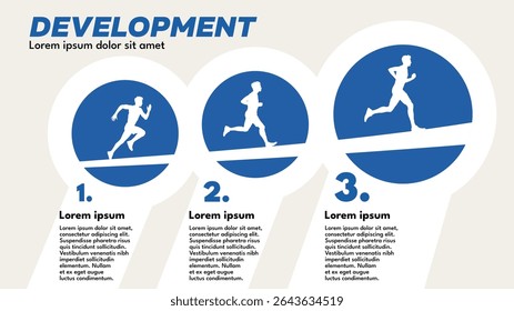 Project Development – Infographic Template, Three-Step Process with Running Men – Vector Illustration
