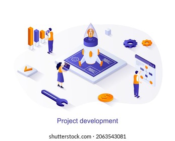 Project development isometric web concept. People launch startup, create and develop new business, successful strategy and analysis of data scene. Vector illustration for website template in 3d design