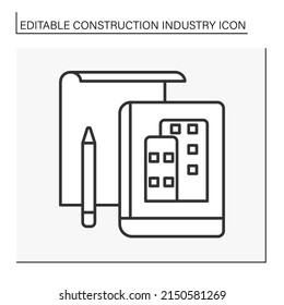  Project development line icon. Drawing on a digital sketchbook.Planning, organizing, coordinating pre-building process. Construction industry concept. Isolated vector illustration. Editable stroke