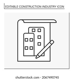  Project development line icon. Facility of planning, organizing, coordinating, and controlling pre-building process. Construction industry concept. Isolated vector illustration. Editable stroke