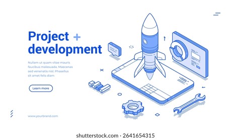 Project development in a modern isometric style featuring a rocket ready for launch, gears, and technology icons, conveying innovation and forward-thinking progress