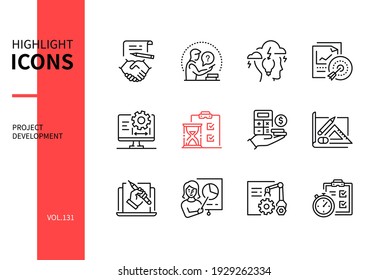 Desarrollo del proyecto - conjunto de iconos de diseño de línea moderna. Idea de negocio y flujo de trabajo. Contrato, trabajo de investigación, lluvia de ideas, detalles y tareas, plazo, pago, borrador, presentación, imágenes de planificación