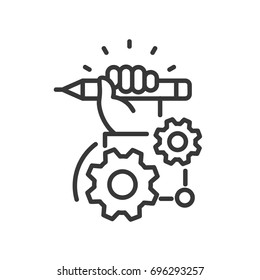 Project Development - Modern Vector Single Line Design Icon. An Image Depicting A Hand Holding A Blue Pencil, Two Gears Of Different Size On A White Background. Use It For Your Presentation.