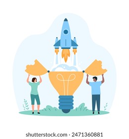 Project development and new creative idea implementation. Tiny people open light bulb with efforts and launch speed rocket into sky, boost invention and smart innovation cartoon vector illustration