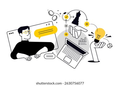 Desenvolvimento de projetos, curso de negócios online. Ilustração vetorial para banner da web, banner de mídia social, apresentação de negócios, material de marketing.