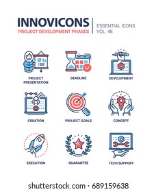 Fases de desarrollo de proyectos - se han establecido iconos de diseño de líneas vectoriales esenciales. Presentación, fecha límite, hora, hora, gráfico, persona, portátil, creación, objetivo, concepto, ejecución, garantía, soporte técnico