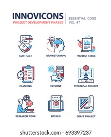 Project Development Phases - modern essential vector line design icons set. Contract, handshake, brainstorm, bulb, task, planner, payment, calculator, research work, detail, draft, dollar, chart