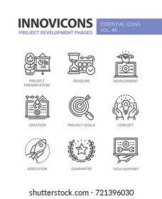 Project Development Phases - modern essential vector line design icons set. Presentation, deadline, hourglass, time, chart, person, laptop, creation, goal, concept, execution, guarantee, tech support