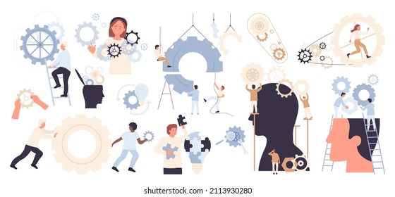 Project Development Process And Success Business Strategy. Team Of Tiny People Work With Gears In Human Brain, Training Memory And Skills, Intelligence Growth, Self Control Flat Vector Illustration