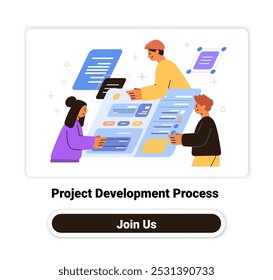 Project development process teamwork collaboration people working on digital project colorful elements white background website template