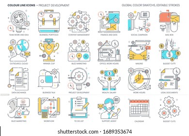 Project development related, color line, vector icon, illustration set. The set is about salary wealth, economic, money, company, start up, business, team work, portfolio, suitcase, outsource.