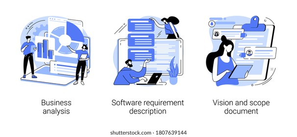 Project development specifications abstract concept vector illustration set. Business analysis, software requirement description, vision and scope document, SWOT analysis, user case abstract metaphor.