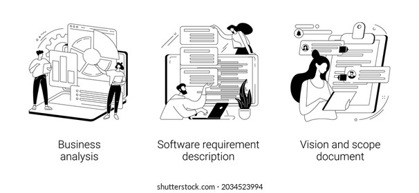 Project development specifications abstract concept vector illustration set. Business analysis, software requirement description, vision and scope document, SWOT analysis, user case abstract metaphor.