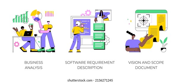 Project development specifications abstract concept vector illustration set. Business analysis, software requirement description, vision and scope document, SWOT analysis, user case abstract metaphor.