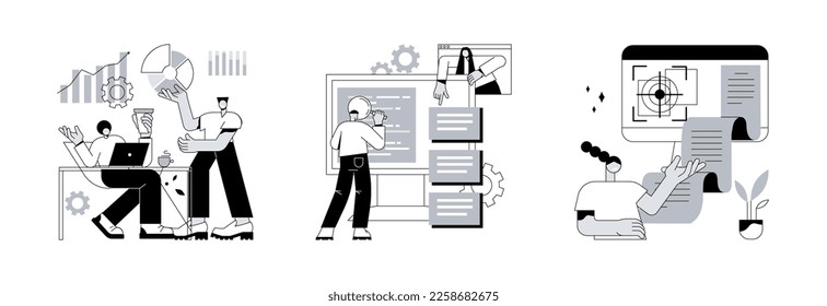 Project development specifications abstract concept vector illustration set. Business analysis, software requirement description, vision and scope document, SWOT analysis, user case abstract metaphor.