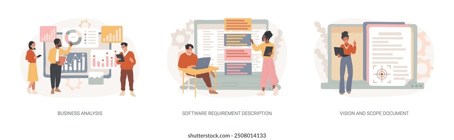 Project development specifications isolated concept vector illustration set. Business analysis, software requirement description, vision and scope document, SWOT analysis, user case vector concept.