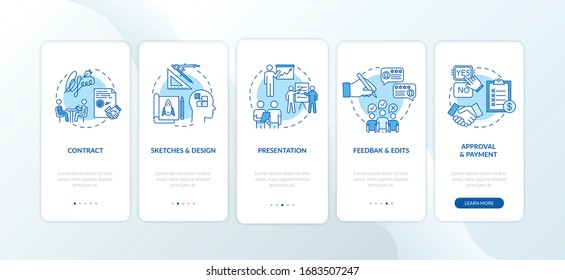 Project development stages onboarding mobile app page screen with concepts set. Specialist services walkthrough 5 steps graphic instructions. UI vector template with RGB color illustrations