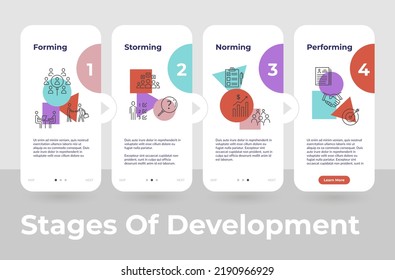 Project development stages vertical post mobile application user interface vector illustration. Corporate business idea implementation forming storming norming performing landing page internet promo