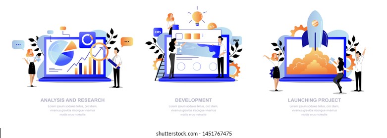 Project development steps business concept. Creative people team make research, analysis, web design and launch startup. Vector flat cartoon trendy illustration. Office teamwork process.