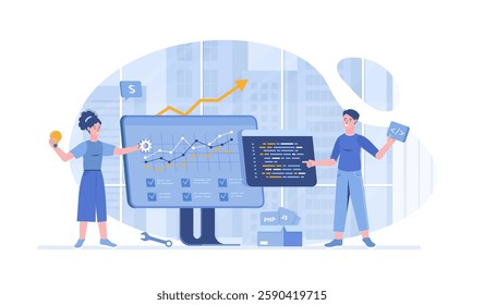 Project development. Team of programmers work with code. Man and woman generate new ideas, teamwork on project. Vector illustration with characters in flat design for web banner.