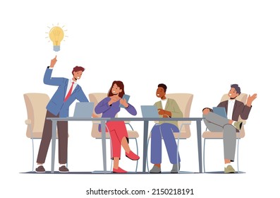 Project Development, Teamworking Concept. Creative Brainstorm Process in Office. Business People Characters Sitting at Desk with Pc Discussing Work Idea with Colleagues. Cartoon Vector Illustration