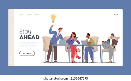 Project Development, Teamworking Landing Page Template. Creative Brainstorm in Office. Business People Characters Sit at Desk with Pc Discussing Work Idea with Colleagues. Cartoon Vector Illustration