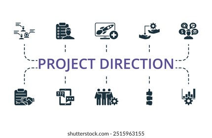 Conjunto de iconos de línea delgada de dirección de proyecto. Monocromo simple colección de icono de dirección de proyecto. Usabilidad, Comunidad, Presentación, Planificación De Recursos Humanos, Estrategia De Recursos Humanos, Contrato, Respuesta De Los Clientes, Creación De Equipos