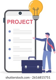 Project document concept, task document paper or project status report, work completion plan, leather executive briefcase near light bulb, file folder idea, paper project summary. flat illustration.

