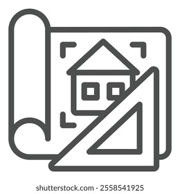 Project drawing line icon, construction plan concept. Vector graphics.  Paper house project with ruler sign on white background, outline style icon for mobile or web design