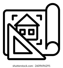 Project drawing line icon, construction plan concept. Vector graphics. Paper house project with ruler sign on white background, style mobile or design