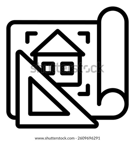 Project drawing line icon, construction plan concept. Vector graphics. Paper house project with ruler sign on white background, style mobile or design