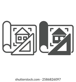 Project drawing line and solid icon, construction plan concept. Vector graphics.  Paper house project with ruler sign on white background, outline style icon for mobile or web design