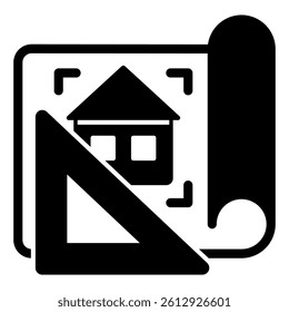 Project drawing solid icon, construction plan concept. Vector graphics. Paper house project with ruler sign on white background, glyph style mobile or design