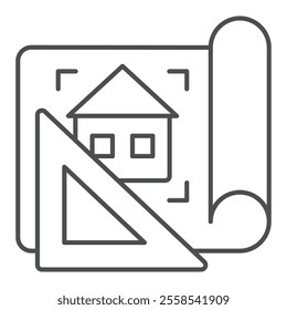 Project drawing thin line icon, construction plan concept. Vector graphics.  Paper house project with ruler sign on white background, outline style icon for mobile or web design